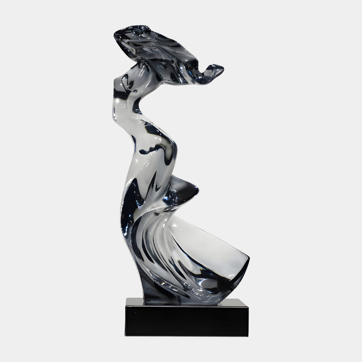 Black Marbled Windblown Figure Resin Sculpture, 64cm, with black marbling streaking through a clear twisting form on a black marble base, set against a plain light background.