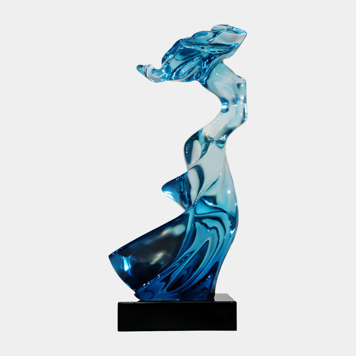 Deep Blue Windblown Figure Resin Sculpture, 64cm, a windswept figure in deep blue resin on a black marble base, set against a plain light background.