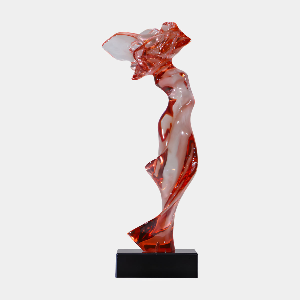 Red Marbled Windblown Figure Resin Sculpture, 62cm, with flared drapery behind the shoulders on a black rectangular base, shown against a plain white background.