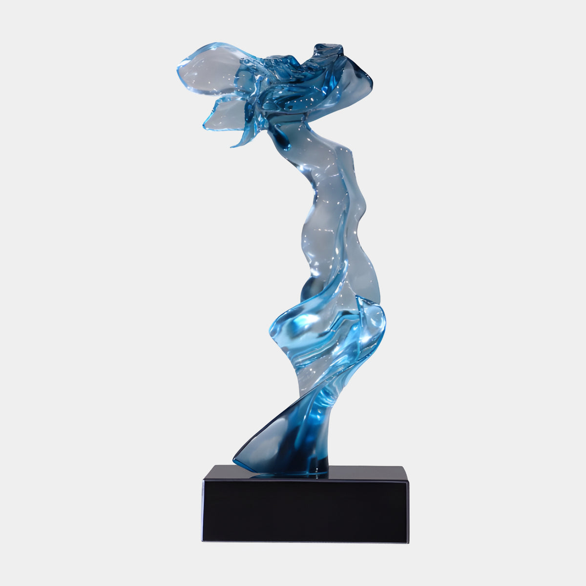 Blue Windblown Figure Resin Sculpture - 50cm, a swirling blue and clear resin figure on a black marble base, shown against a plain light background.