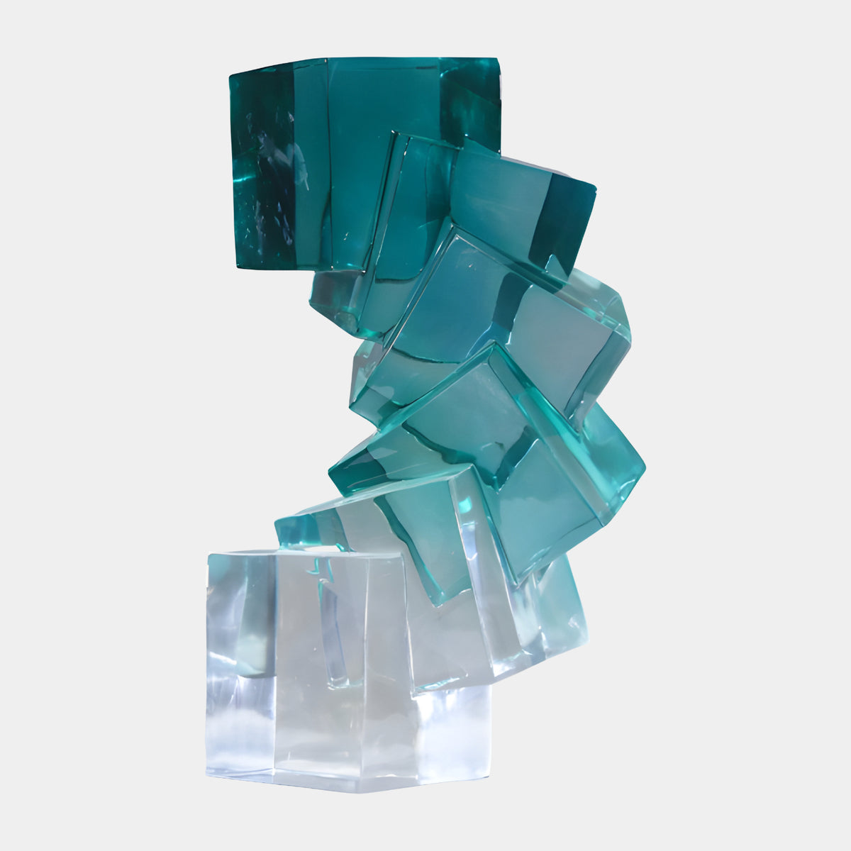 Clear to Teal Stacked Cube Resin Sculpture, 61cm, showing resin cubes twisted in a rising stack from clear at the base to deep teal at the top, on a plain white background.