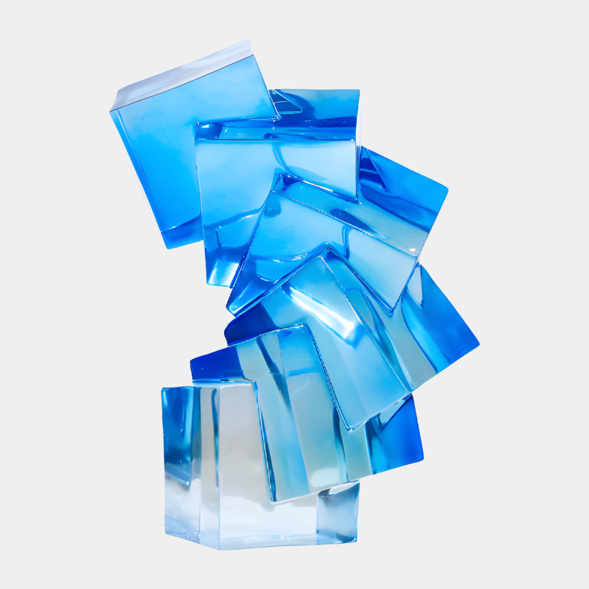 Blue Stacked Cube Resin Sculpture - 61cm, a column of rotated blue resin cubes swinging upward from a paler base cube, shown on a plain white background.