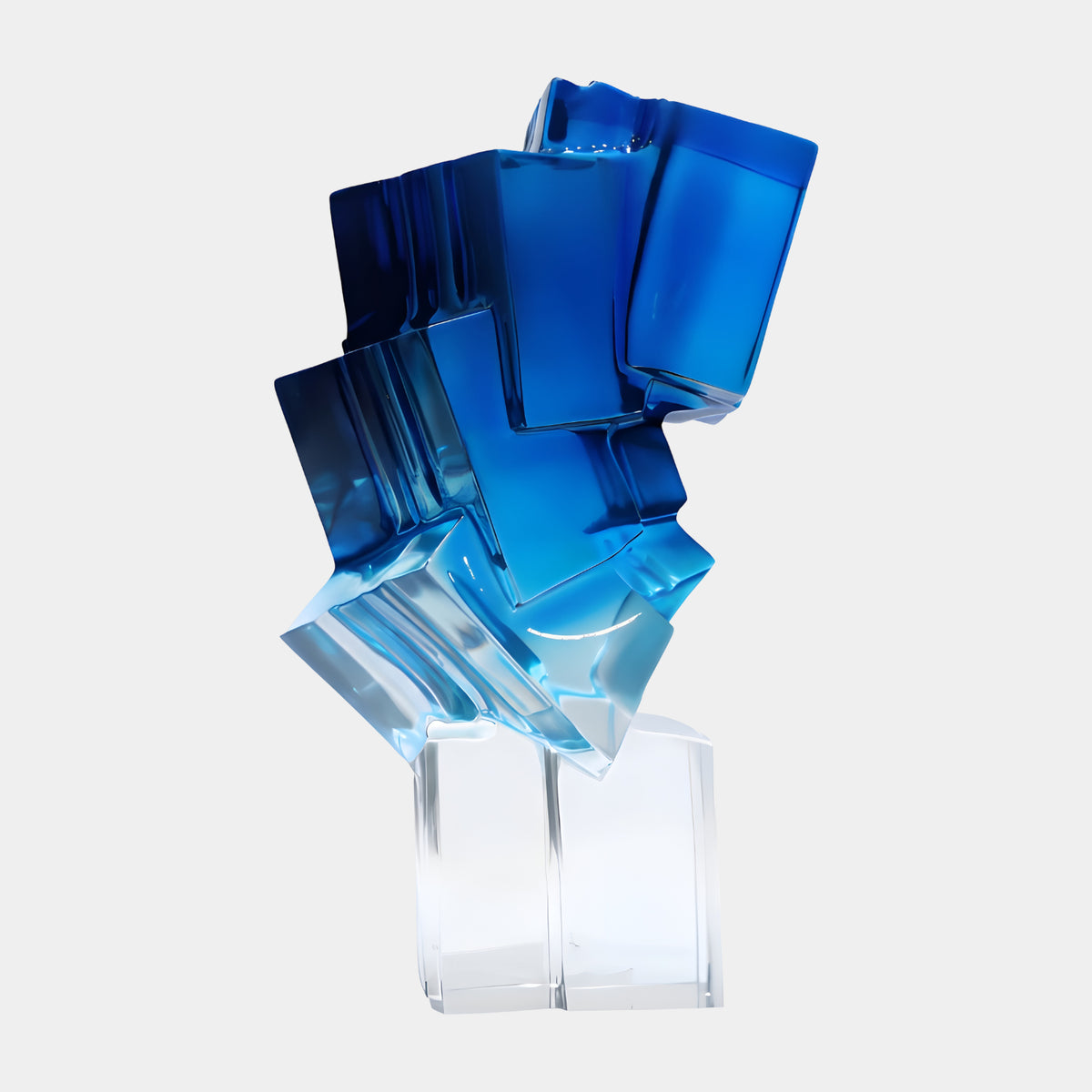 Blue to Clear Leaning Block Stack Resin Sculpture, 51cm, geometric stacked blocks fading from deep blue to clear, standing on clear cast legs against a white background.