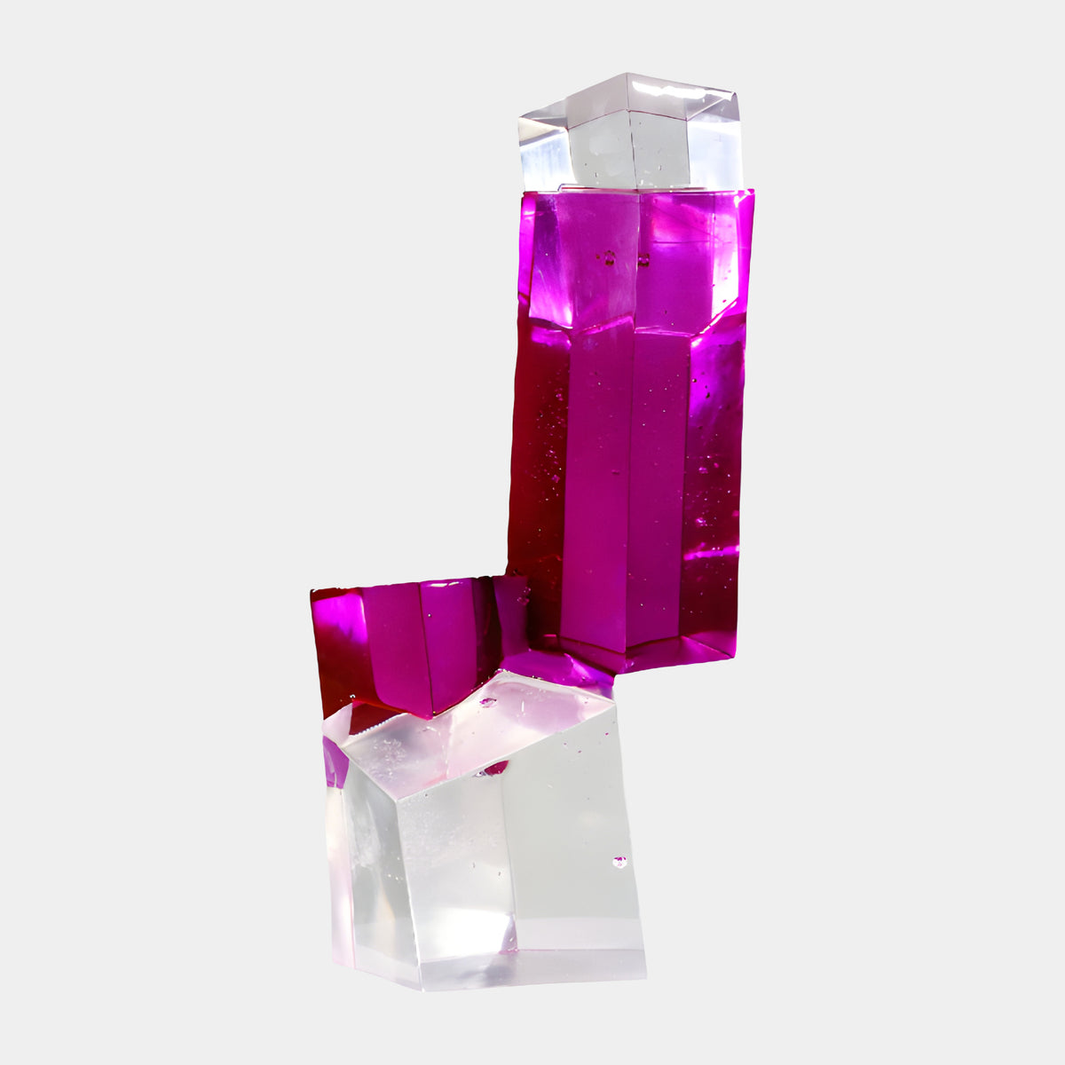 Magenta Block Column on Clear Foot Resin Sculpture - 57cm, a tall magenta geometric block with sideways extension atop a clear resin foot, on a plain white background.