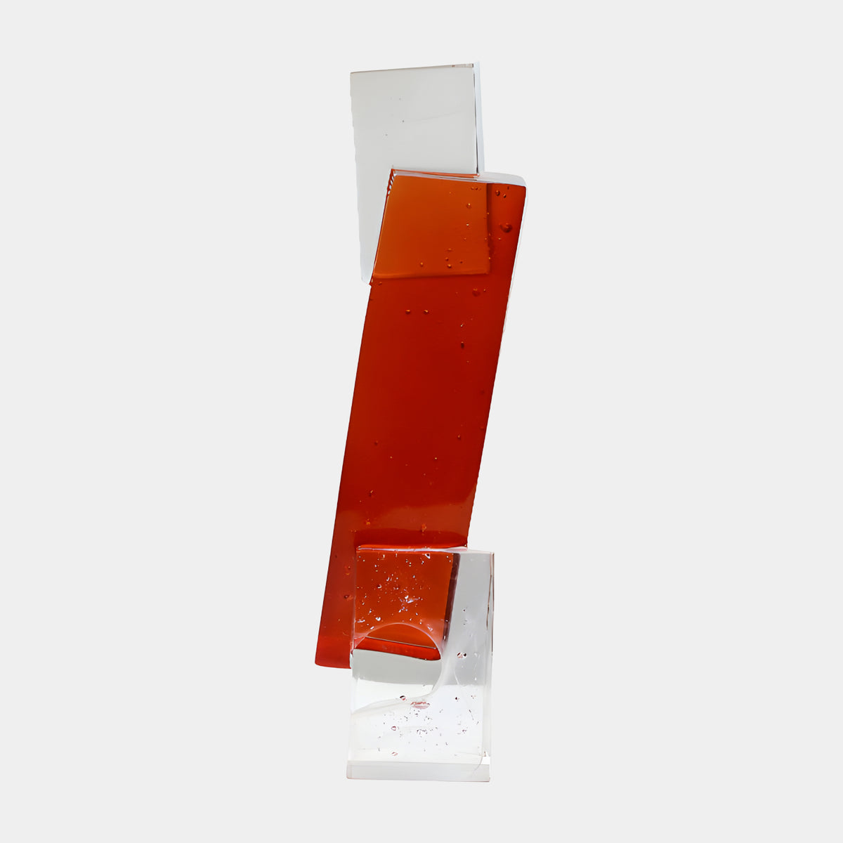 Red & Clear Leaning Slab Resin Sculpture, 51cm, with a clear top plate, scarlet red middle slab, and bubbled clear resin base, on a plain white background.
