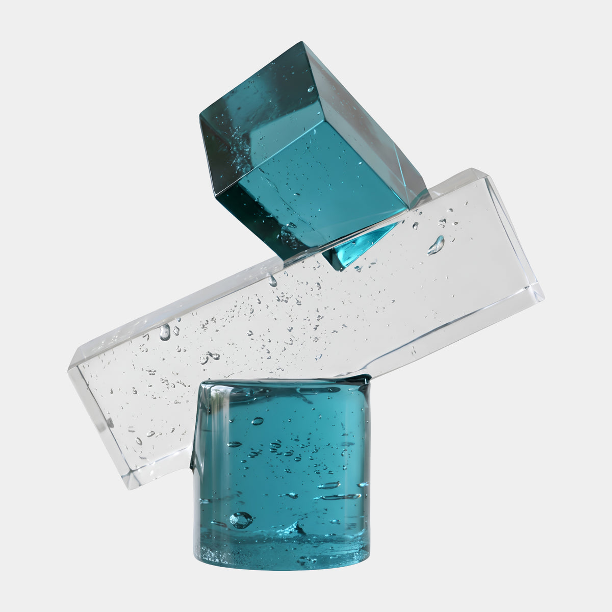 Teal & Clear Horizontal Block Resin Sculpture - 50cm, with a teal cube resting on a clear bar balanced atop a teal cylinder base, shown on a plain white background.
