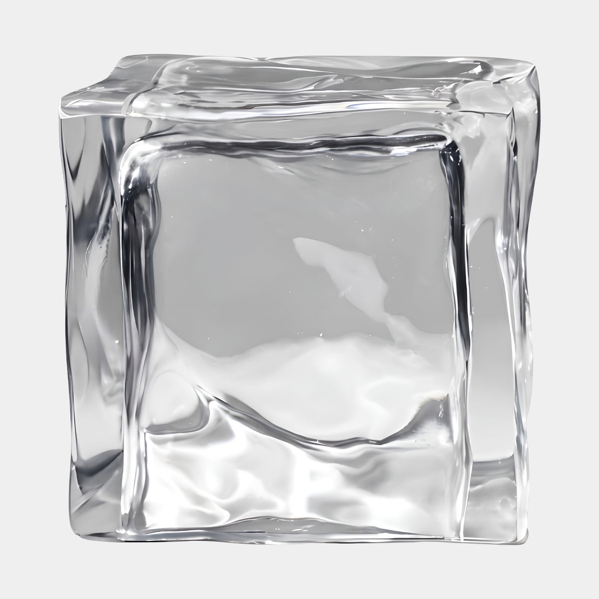 Clear Dished Softened Cube Resin Sculpture (20cm) by Giant Sculptures, a colourless resin cube with rounded edges and gently dished faces, shown on a plain white background.