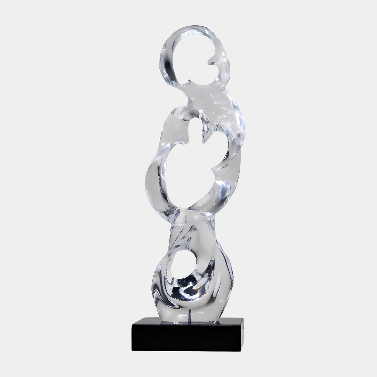 Clear Stacked Pierced Rings Resin Sculpture, 79cm, on a black marble base, set against a plain light grey background.
