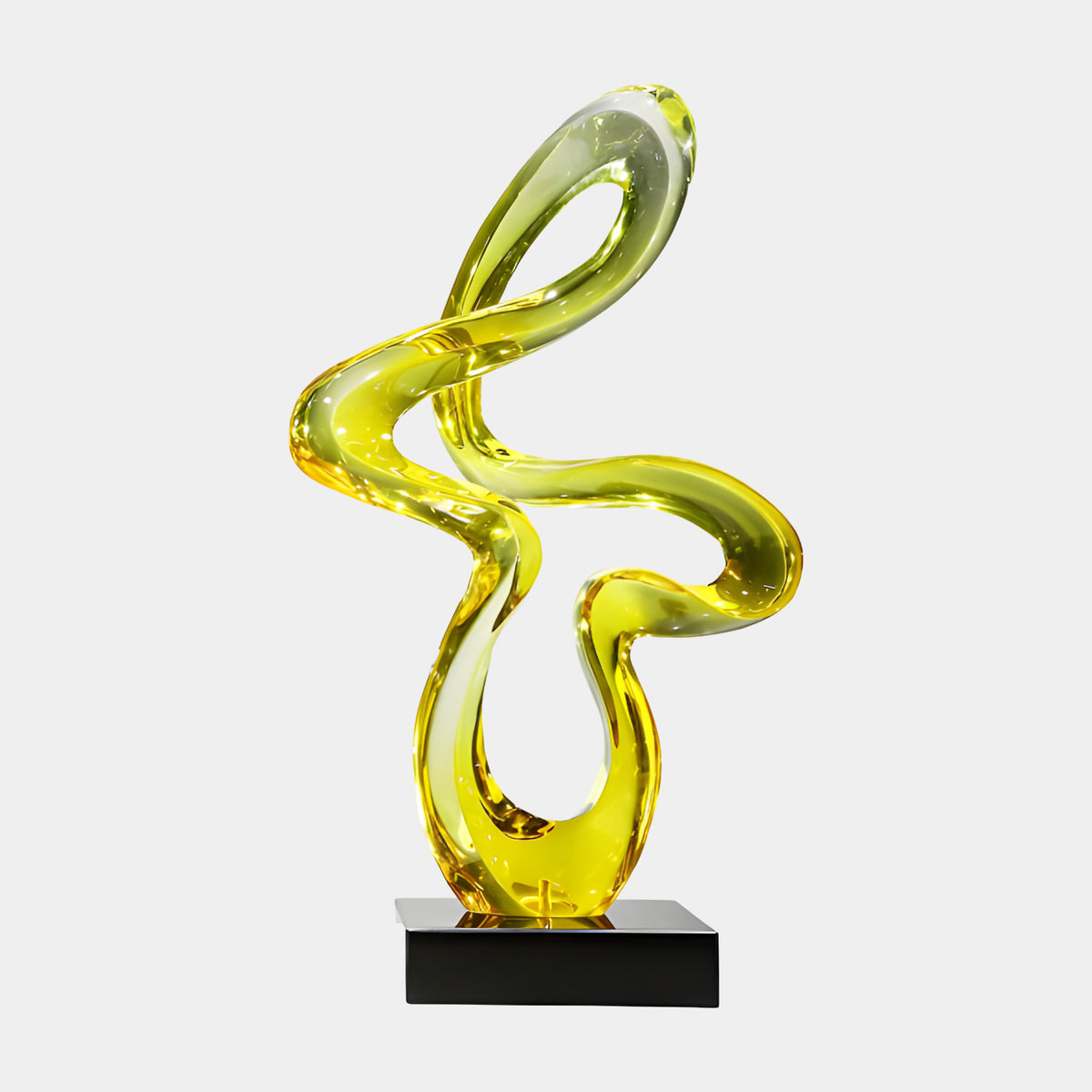 Yellow Open Looped Ribbon Knot Resin Sculpture, 73cm, on a black marble base, set against a plain light grey background.