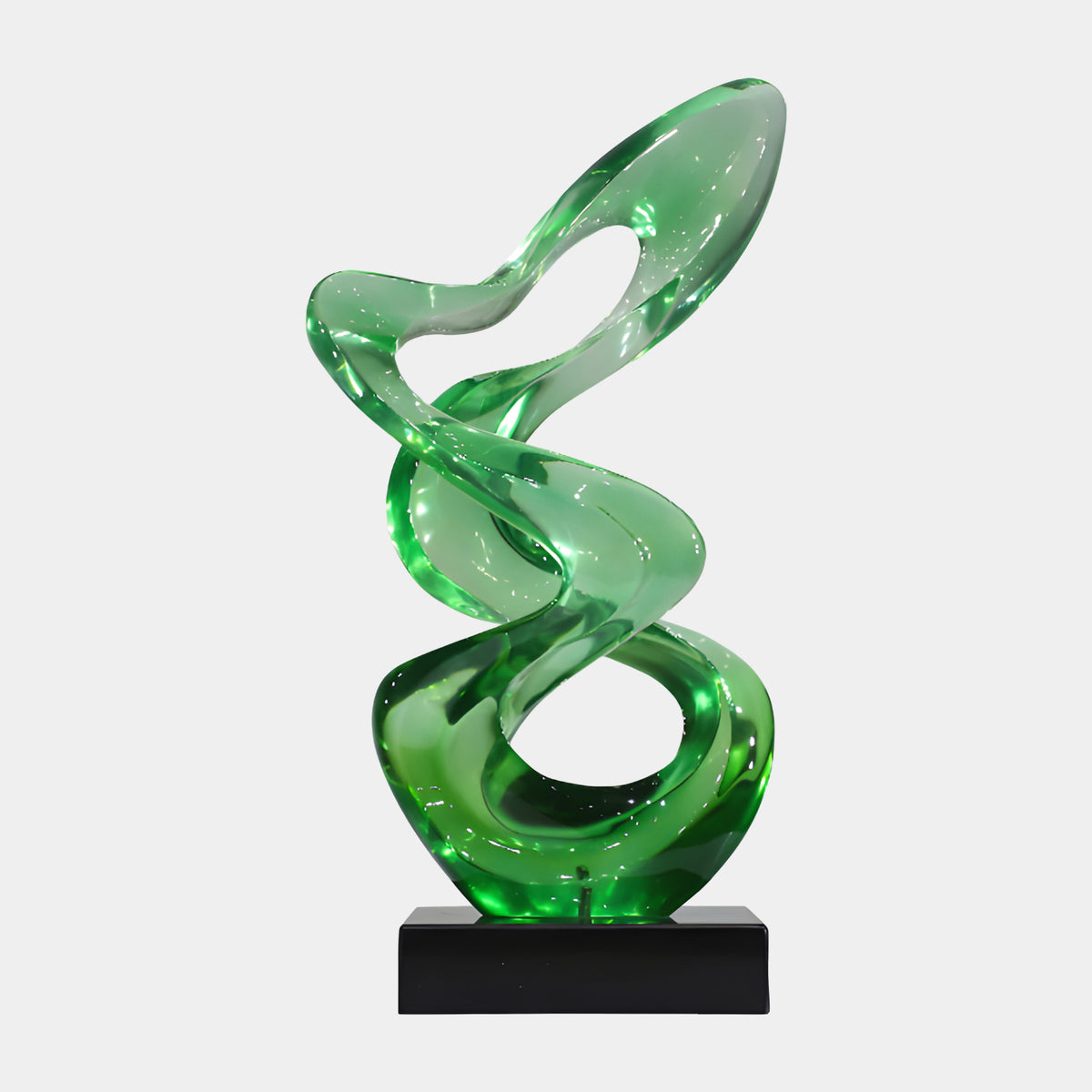 Green Rising Spiral Ribbon Resin Sculpture - 66cm, a twisting green resin ribbon on a black marble base, shown against a plain white background.