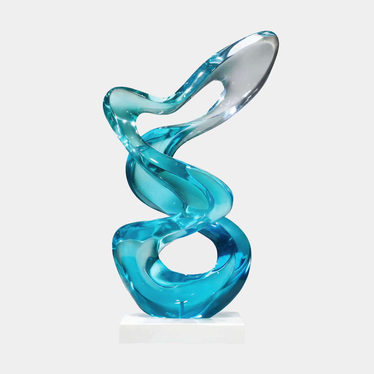 Aqua Rising Spiral Ribbon Resin Sculpture, 66cm, a twisting turquoise-blue ribbon form on a white block base, set against a plain light background.