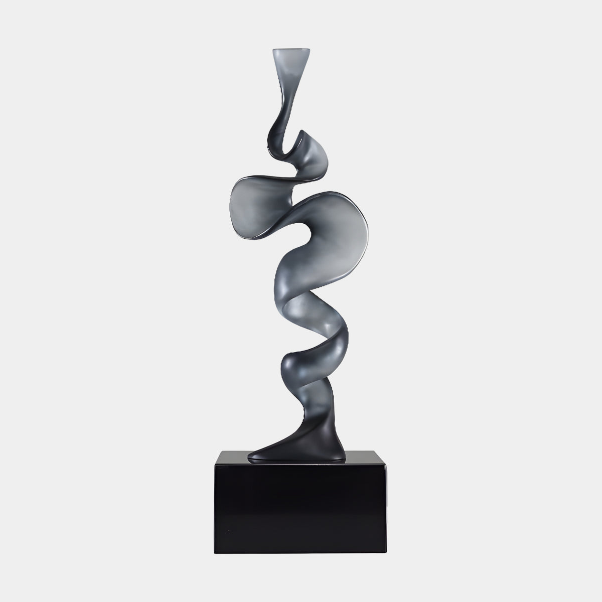 Smoke Grey Spiral Ribbon Resin Sculpture, 65cm, a twisting frosted ribbon flaring at the top, mounted on a black marble block against a plain light background.