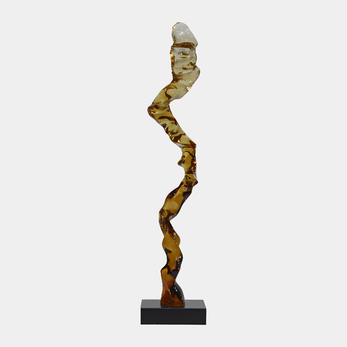 Amber & Clear Twisting Column Resin Sculpture, 117cm, a slender spiraling form on a black marble base, set against a plain white background.