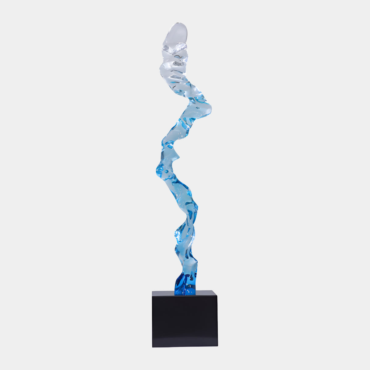 Blue Graded Twisting Column Resin Sculpture, 111cm, shifting from clear white at the top to deep blue at the base, on a black cube stand against a plain light background.