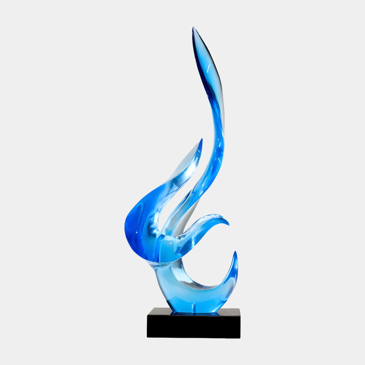 Blue to Clear Three-Tip Flame Resin Sculpture, 85cm, blue resin fading to clear at the tips on a black stone base, set against a plain light background.