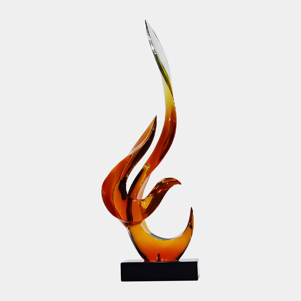 Amber Three-Tip Flame Resin Sculpture - 85cm, with orange resin curls fading to clear yellow glass at the tallest tip, on a black marble base, shown against a plain light background.
