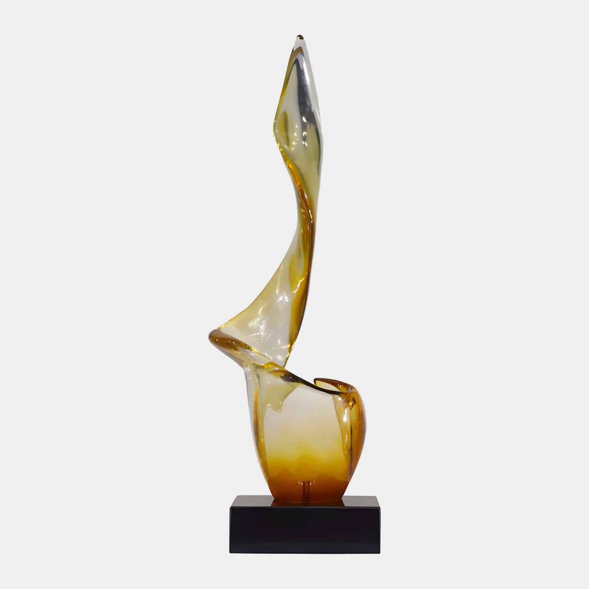 Amber Rising Twist on Cupped Foot Resin Sculpture, 74cm, clear resin fading to amber at the base, mounted on a black marble block, shown against a plain white background.