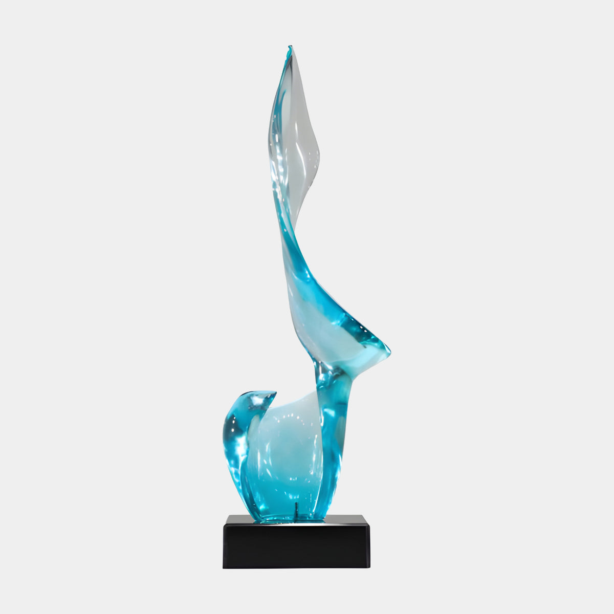 Aqua Rising Twist on Cupped Foot Resin Sculpture (74cm) by Giant Sculptures, a twisting aqua-to-clear ribbon on a shell-like foot, set on a black marble base against a plain white background.