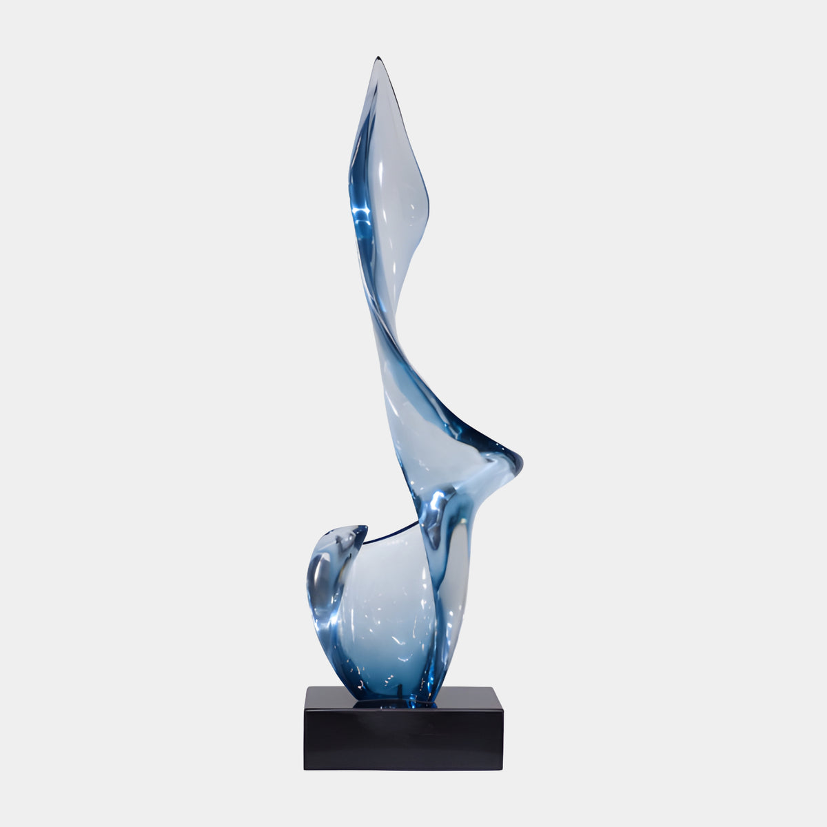 Blue & Clear Rising Twist Resin Sculpture - 74cm, a twisting ribbon form in clear resin with blue-tinted edges on a black stone base, shown against a plain white background.