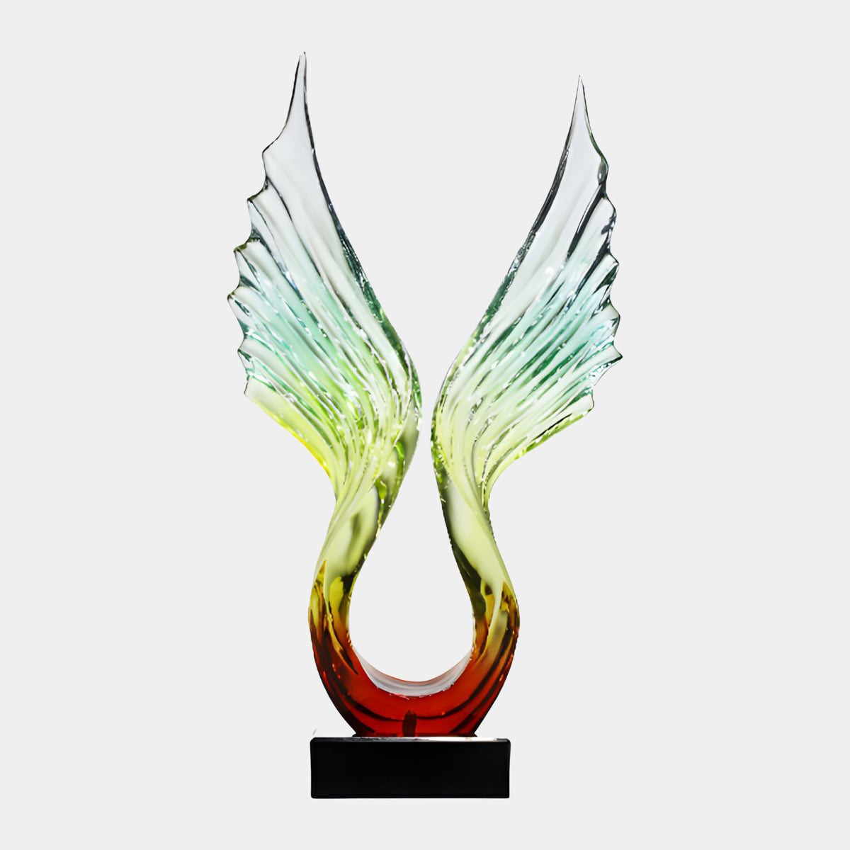 Red to Clear Feathered Wings Resin Sculpture - 86cm, upward wings fading from red at the base through yellow and green to clear tips, on a black marble base, plain background.
