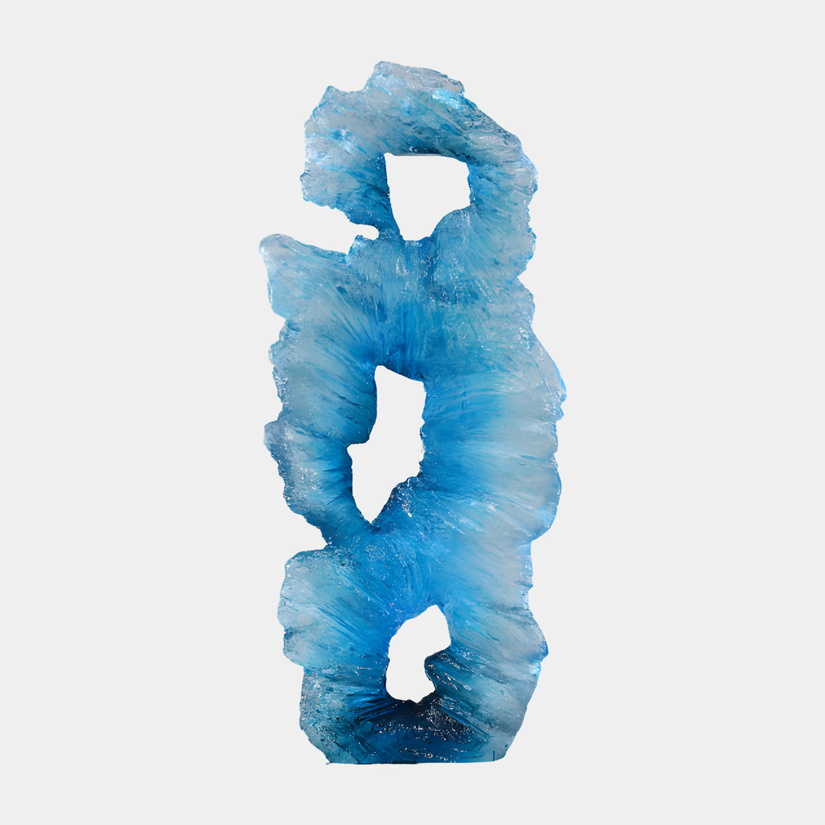 Blue Pierced Eroded Upright Resin Sculpture, 98cm, with three irregular openings through a textured, eroded form, pale edges and deep blue base, on a plain light background.