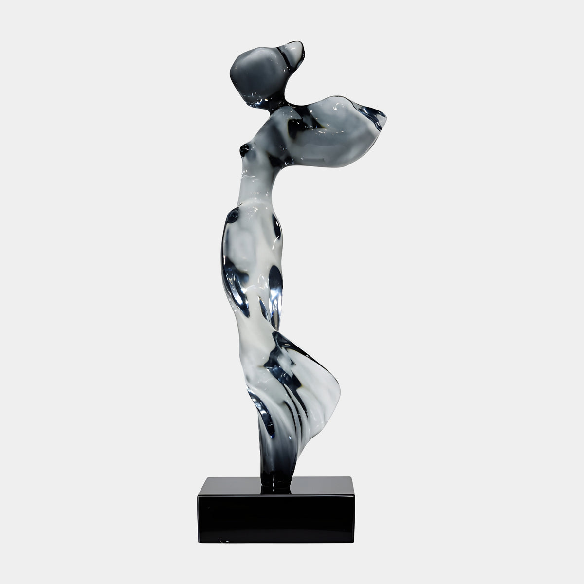 Grey & White Marbled Windblown Figure Sculpture, 66cm, a windblown figure with flared skirt in grey and white marbled resin on a black base, plain light background.