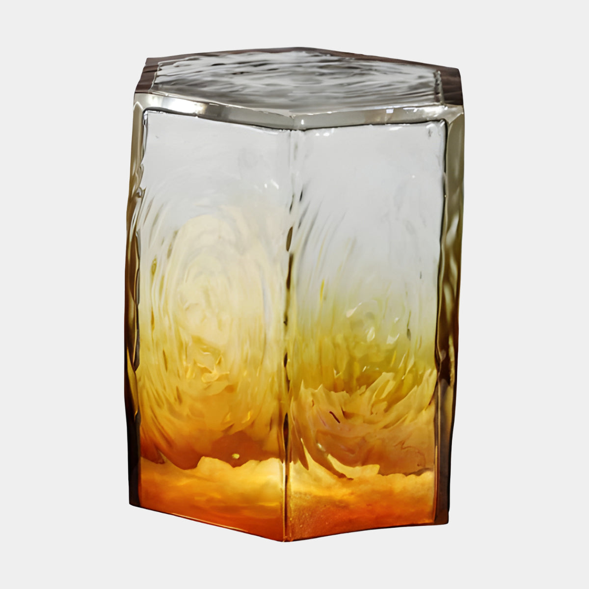 Amber to Clear Hexagonal Hollow Resin Stool, 45cm, with swirled textured faces fading from deep amber at the base to clear at the top, on a plain white background.
