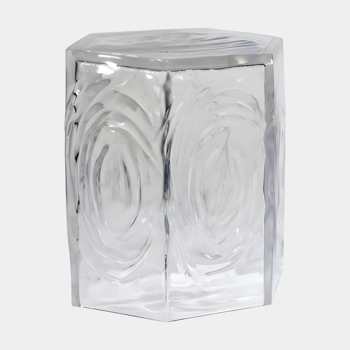 Clear Hexagonal Hollow Resin Stool - 45cm by Giant Sculptures, rippled swirl texture on clear resin faces, resting directly on the floor against a plain white background.