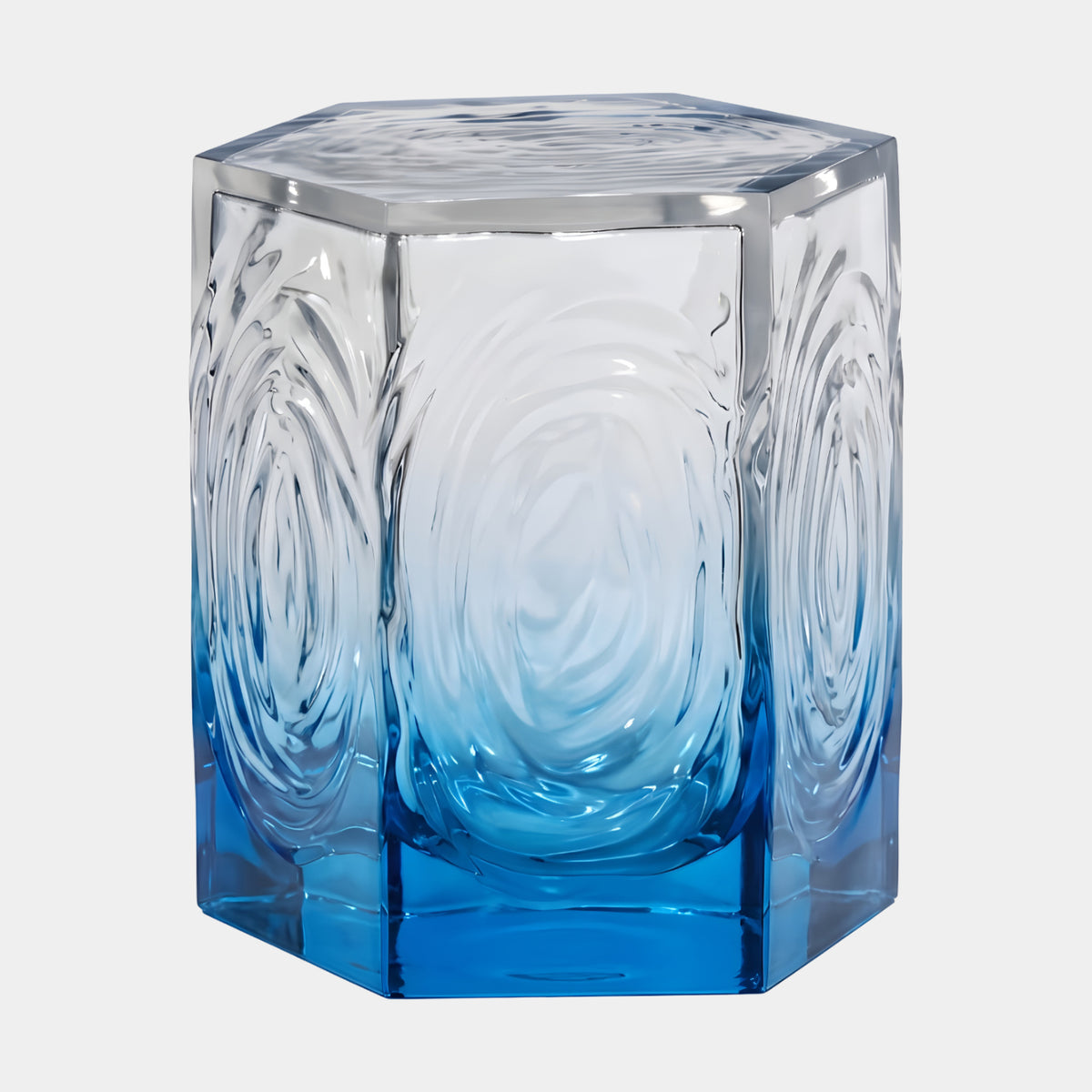 Blue to Clear Hexagonal Hollow Resin Stool, 45cm, with swirled faces fading from clear top to blue base, shown on a plain white background.