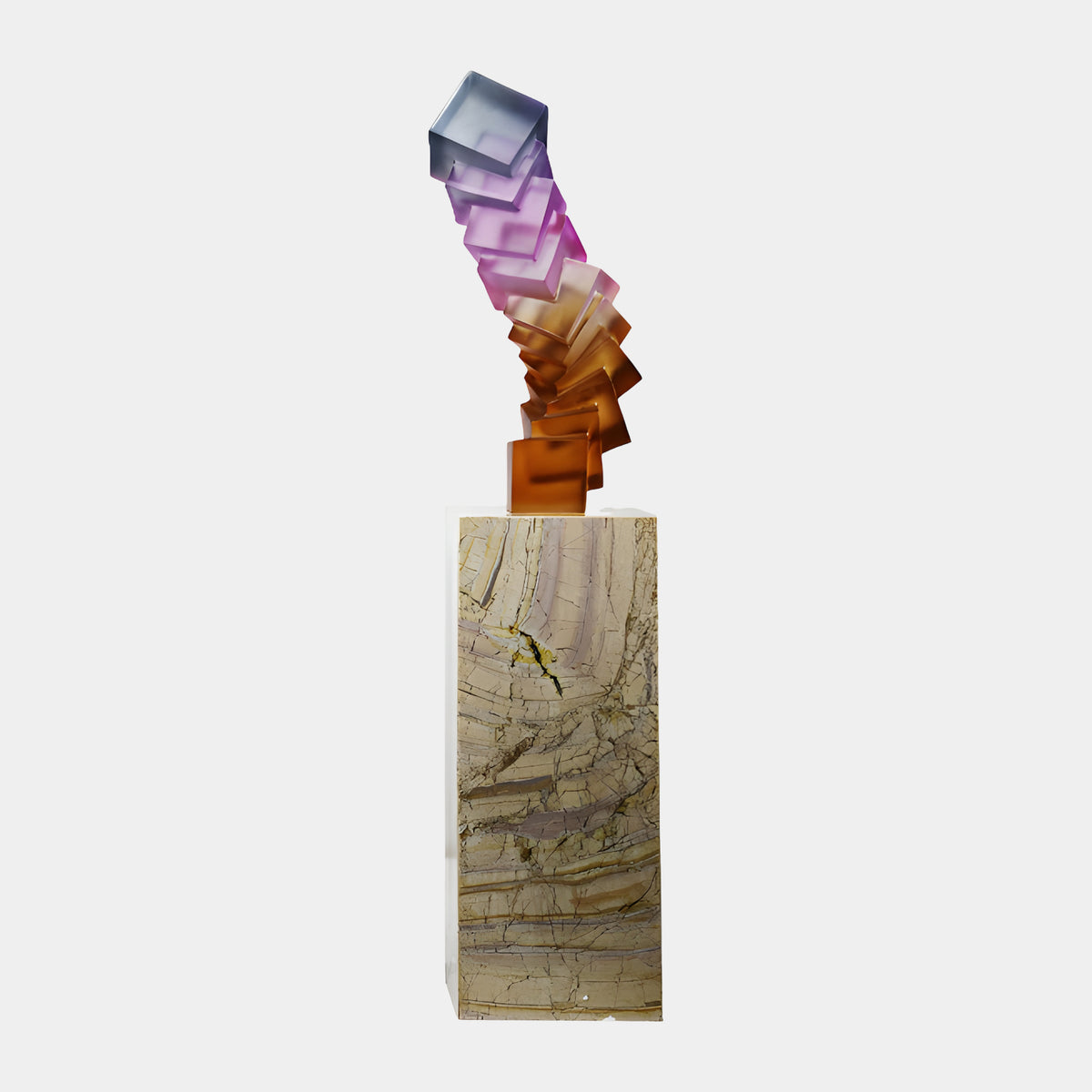 Amber to Grey Turned Cube Stack Resin Sculpture by Giant Sculptures, 144cm, with cubes shifting from amber to magenta to grey on a figured marble plinth, plain white background.