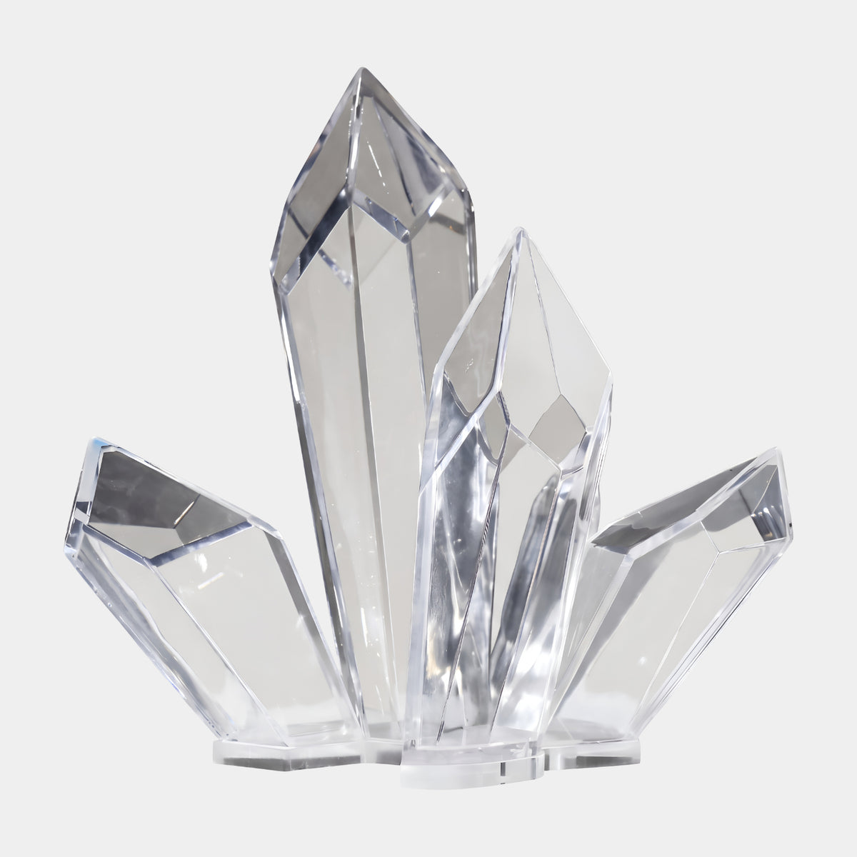 Clear Faceted Crystal Cluster Resin Sculpture - 100cm, four uneven pointed facets on individual bases, shown on a plain white background.