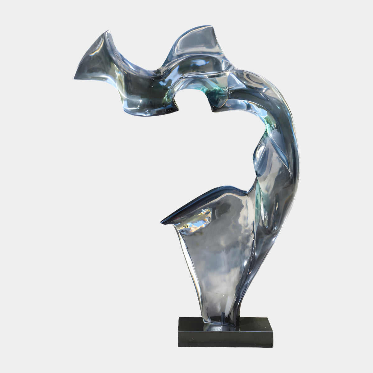 Clear Grey Sweeping Wave Resin Sculpture - 170cm, a curling smoky-grey wave form on a black stone base, shown against a plain light background.