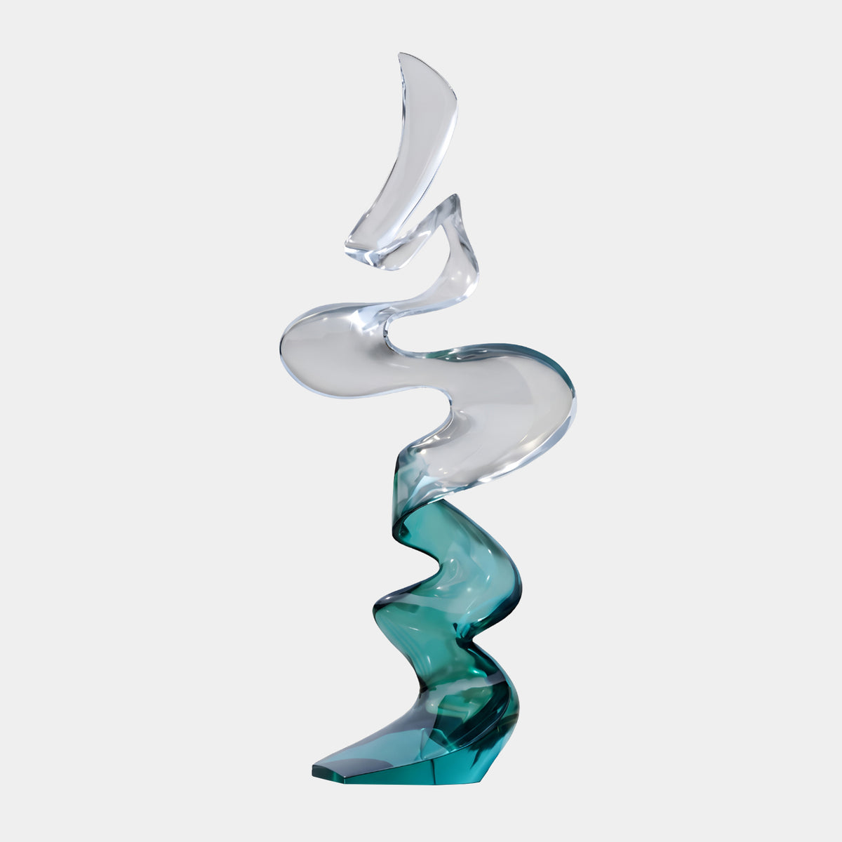 Teal to Clear Spiral Ribbon Resin Sculpture, 172cm, a polished winding ribbon form shifting from teal at the base to clear at the top, on a plain light background.