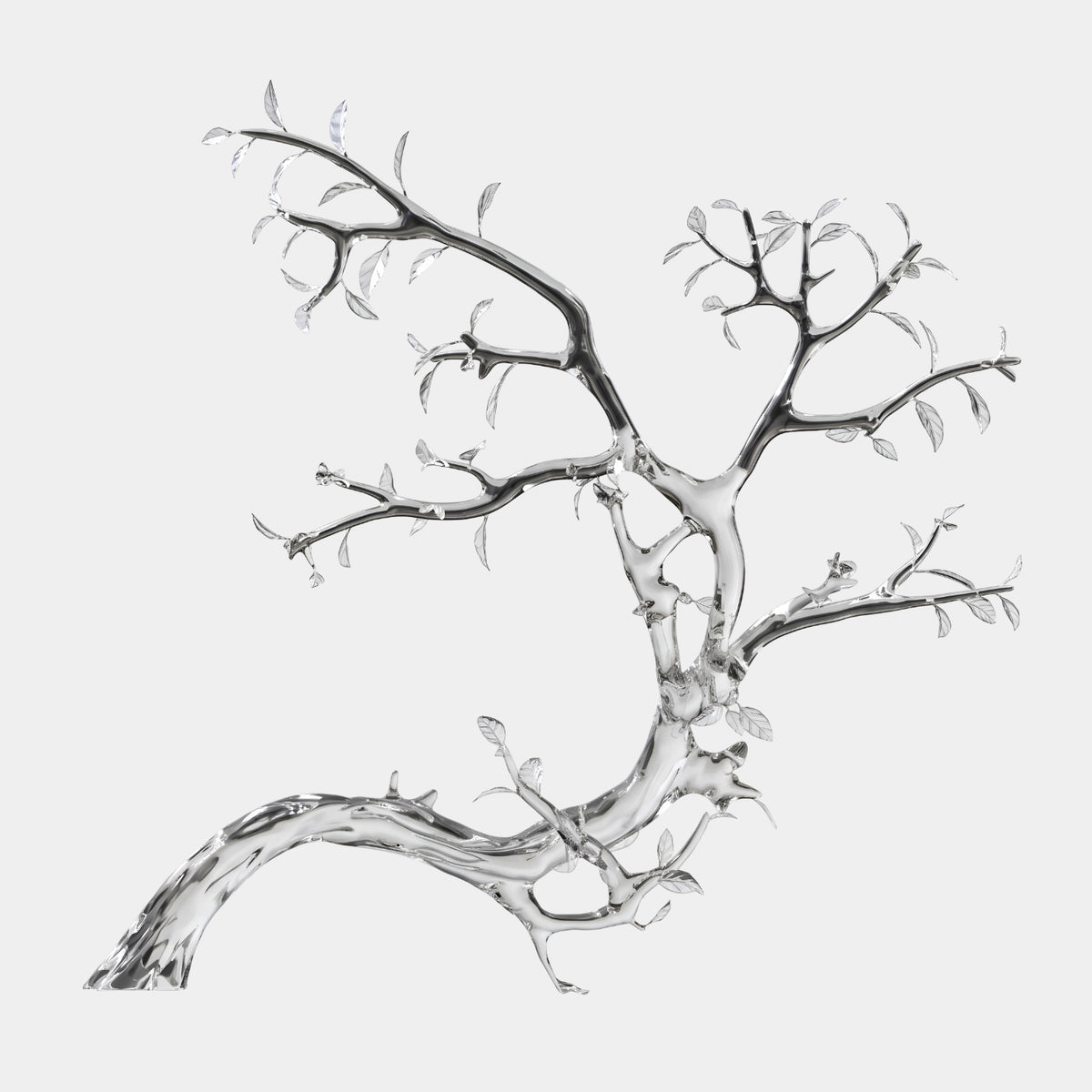Clear Spreading Tree Resin Sculpture - 160cm, a leaning trunk opening into a branching canopy with individual pointed leaves, shown against a plain light grey background.
