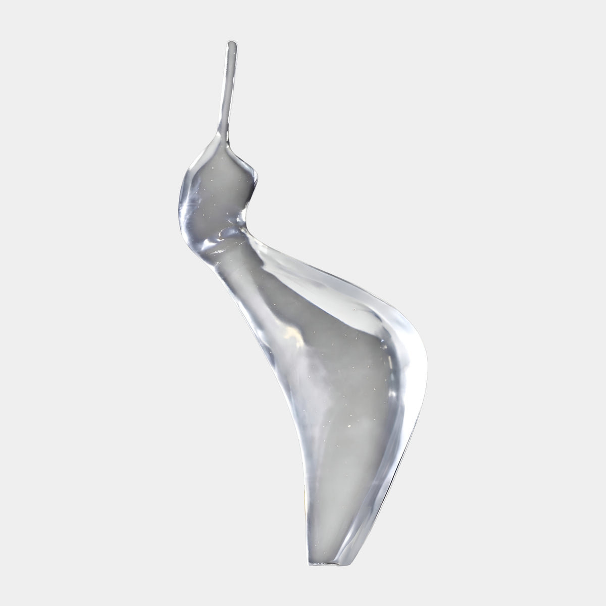 Clear Polished Tapering Point Resin Sculpture - 27cm, a curved form with a milky grey core tapering to a slender point, shown on a plain light grey background.