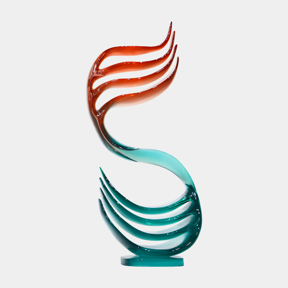 Red & Teal Drawn Finger Resin Sculpture, 40cm, with flame-like red and teal lobes crossing in an S-curve, on a cast foot against a plain white background.