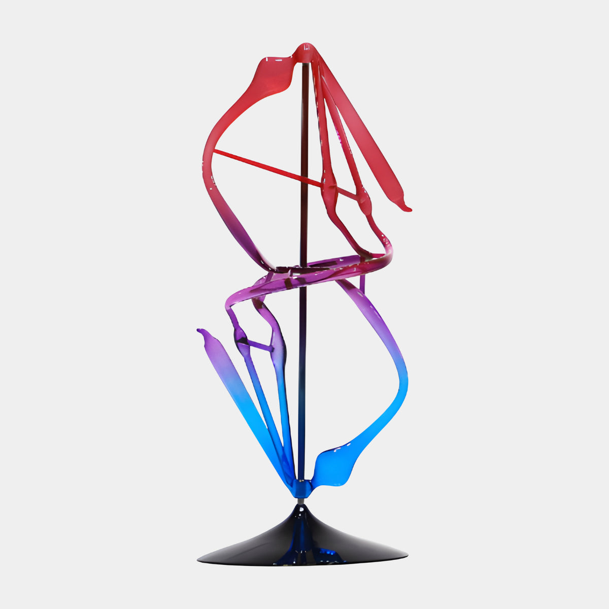 Red to Blue Wound Ribbon Resin Sculpture, 40cm, a ribbon winding a central stem from red through purple to blue on a black cast foot, shown on a plain grey background.