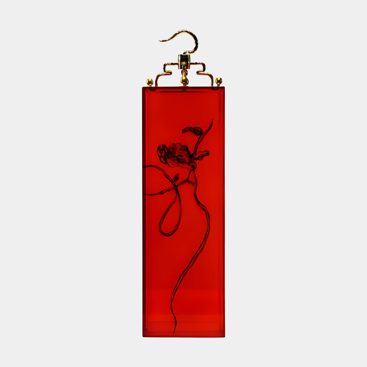 Red Hanging Flower Block Acrylic Sculpture, 52cm, a clear red acrylic panel with a dark flower and looping stem, gold hook mount, on a plain white background.