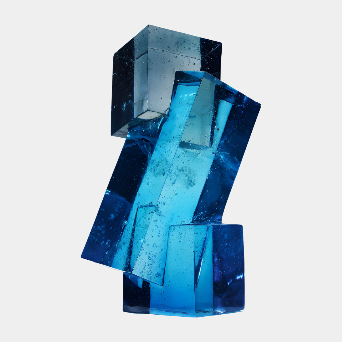 Deep Blue Bubbled Block Stack Resin Sculpture - 75cm by Giant Sculptures, a smoky grey cube atop a leaning blue slab and block with cast-in bubbles, on a plain white background.