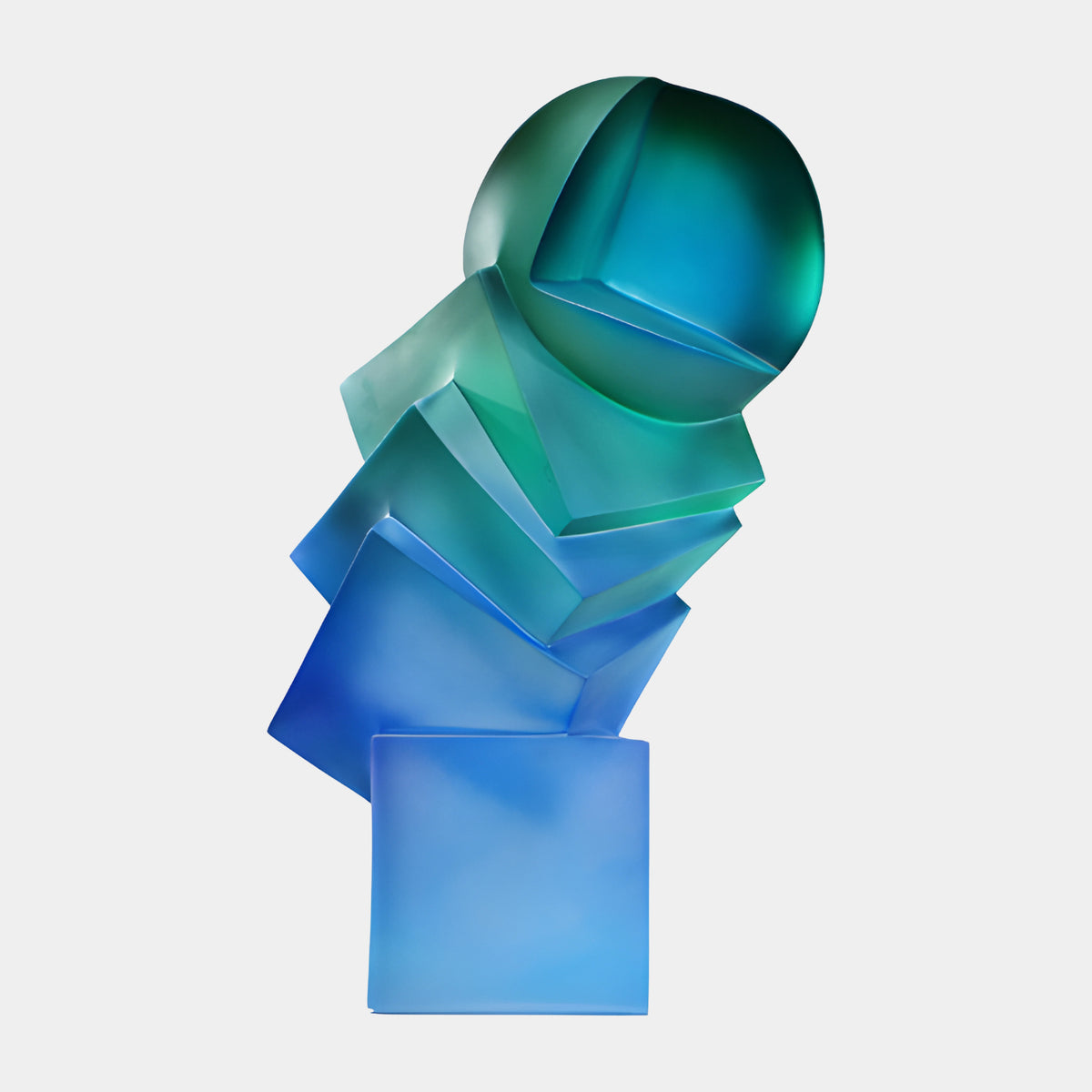 Blue to Green Frosted Stacked Solids Sculpture, 75cm, rotated resin slabs and cube topped with a sphere, blue-to-green frosted finish, on a plain white background.