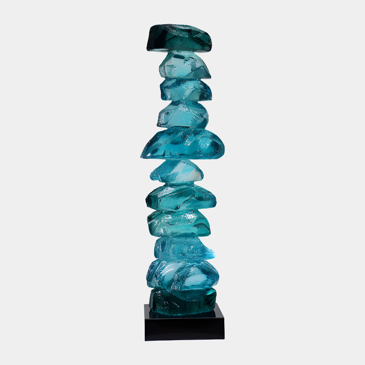 Teal Stacked Rock Column Resin Sculpture - 120cm, eleven translucent teal blocks stacked on a black base, shown against a plain white background.