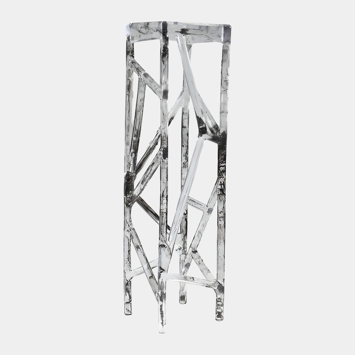 Clear Open Lattice Tower Resin Sculpture, 115cm, an open geometric lattice with black streaks through clear resin, standing on four built-in feet against a plain white background.