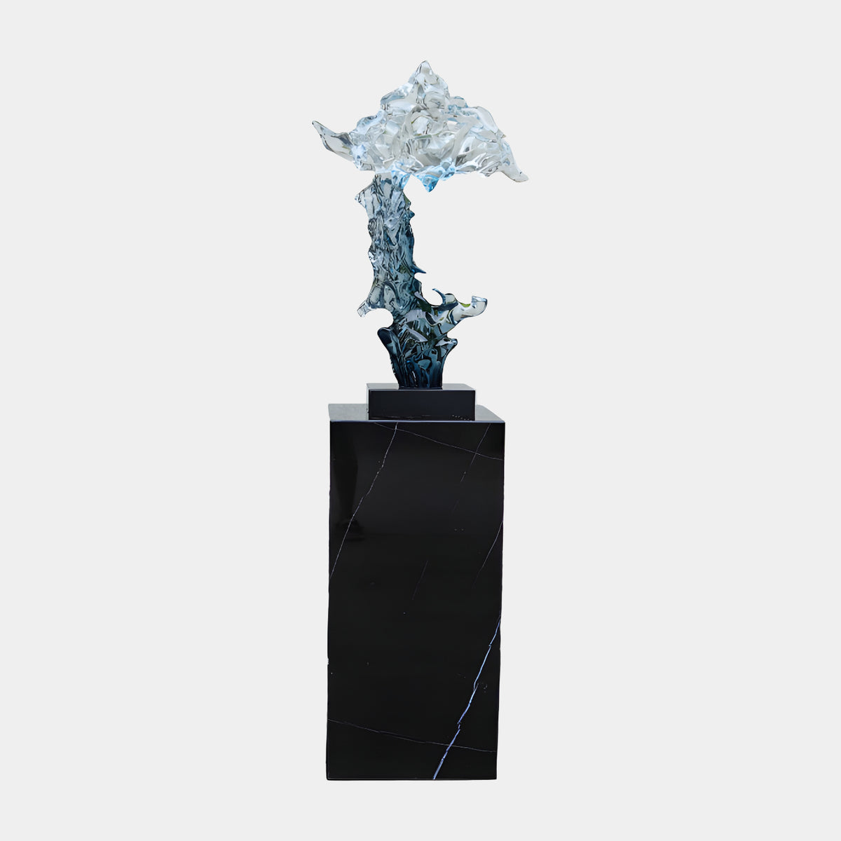 Clear & Blue Rising Water Canopy Resin Sculpture, 170cm, on a black marble plinth, blue churning stem rising into a clear droplet canopy, shown against a plain white background.
