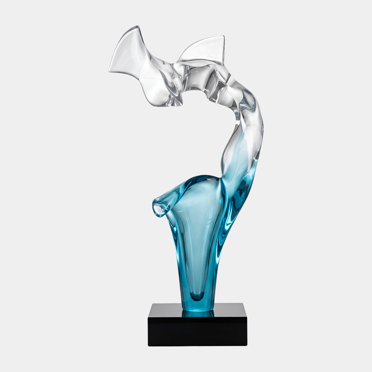 Blue & Clear Sweeping Wave Resin Sculpture - 192cm, twisting wave form shifting from blue base to clear crest, on a black marble base, plain white background.