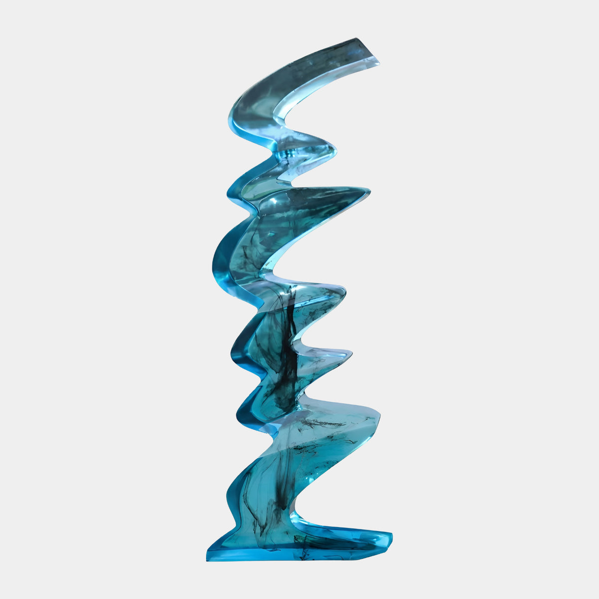 Green Folded Column with Threads Resin Sculpture, 160cm, a zigzag ribbon-like form in teal green resin with dark threads, resting on its folded base against a plain light background.