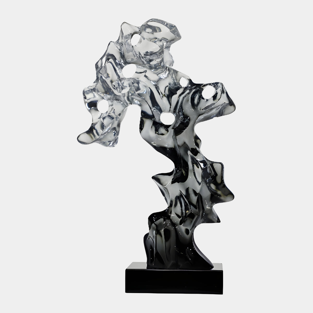 Clear Pierced Scholar's Rock Resin Sculpture, 73cm, with pierced openings and black marbled drifts throughout, on a black marble base, set against a plain white background.