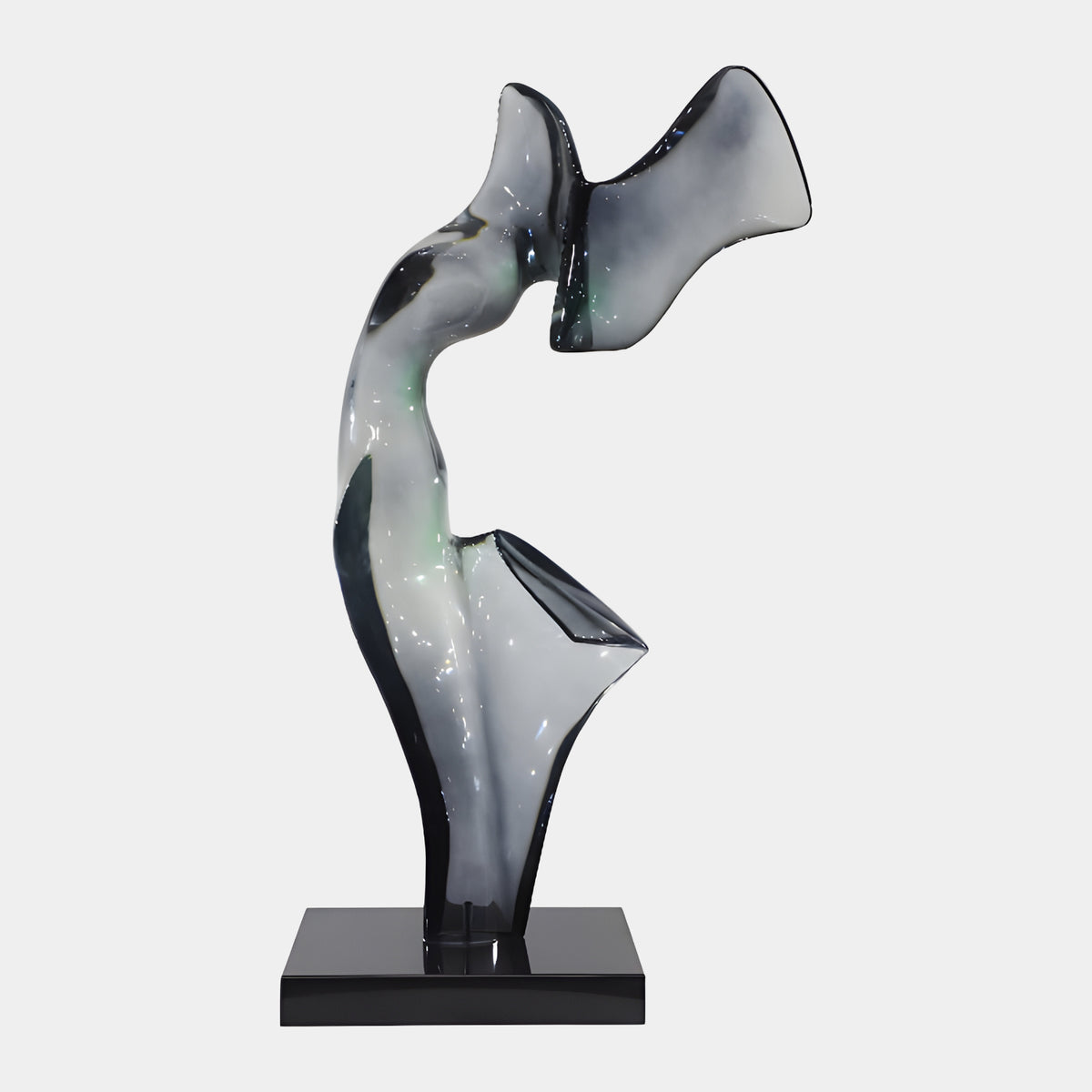 Grey & Black Marbled Arched Resin Sculpture - 126cm, an abstract arched form with a flared fin, marbled grey and black through white, on a black marble base against a plain light background.