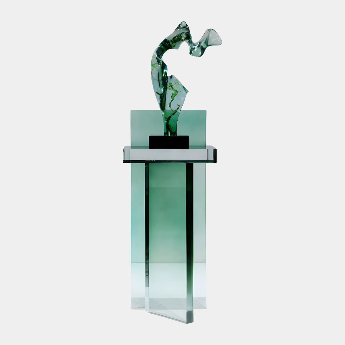 Green Marbled Form Resin Sculpture on Acrylic, 175cm, twisting green and white form on a black block atop a clear acrylic plinth, plain white background.