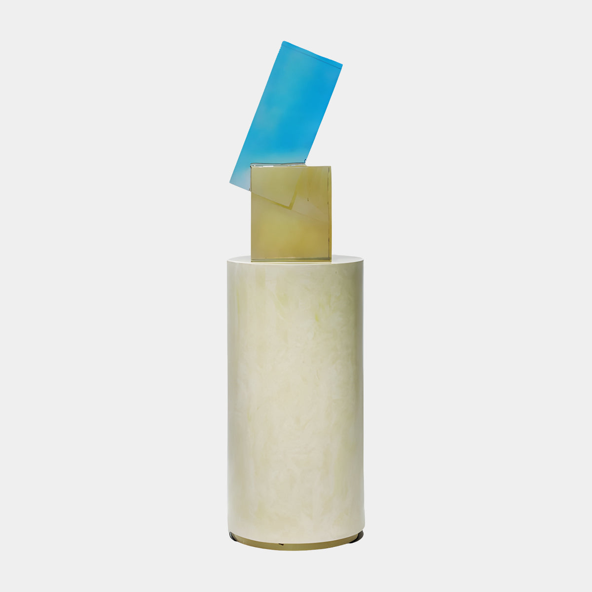 Blue & Cream Balanced Slabs Resin Sculpture - 150cm, a tilted sky blue slab balanced on a cream block atop a tall marble plinth with steel base trim, shown on a plain white background.
