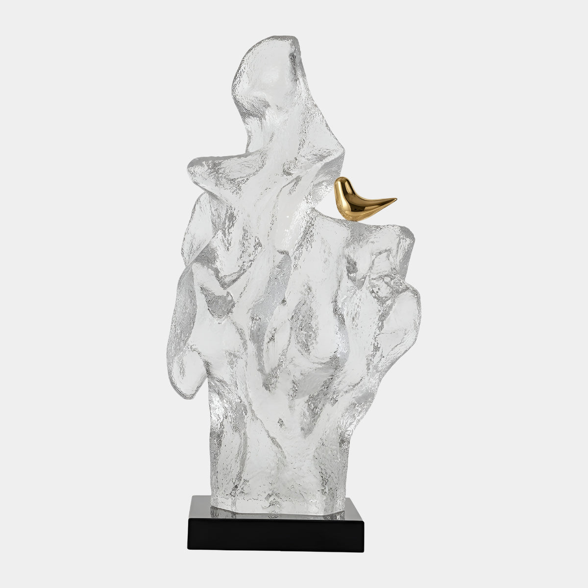 Clear Rock & Gold Bird Resin Sculpture, 108cm, with a faceted icy clear form and gilded bird accent on a black base, shown against a plain white background.